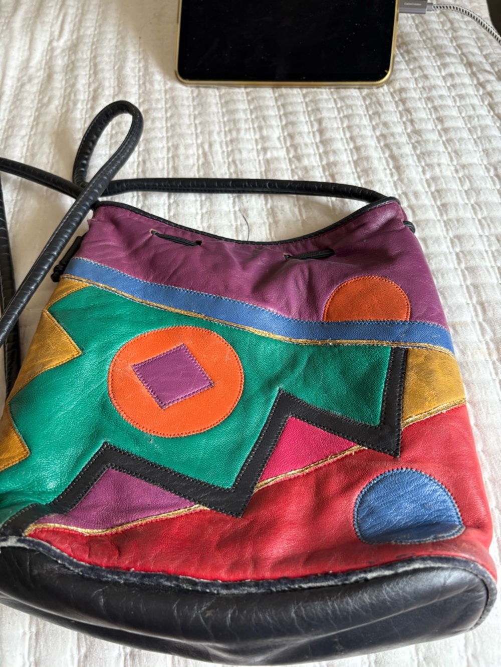 80’s VINTAGE LAMBSKIN Colorblock Geometric Leather Crossbody - Multi Drawstring